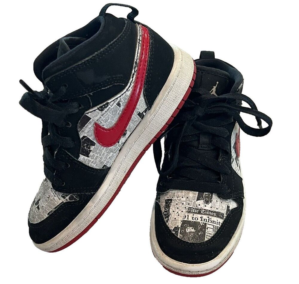 Nike Air Jordan 1 Mid SE Newspaper Air Times Boy's Youth 11C Black & Red